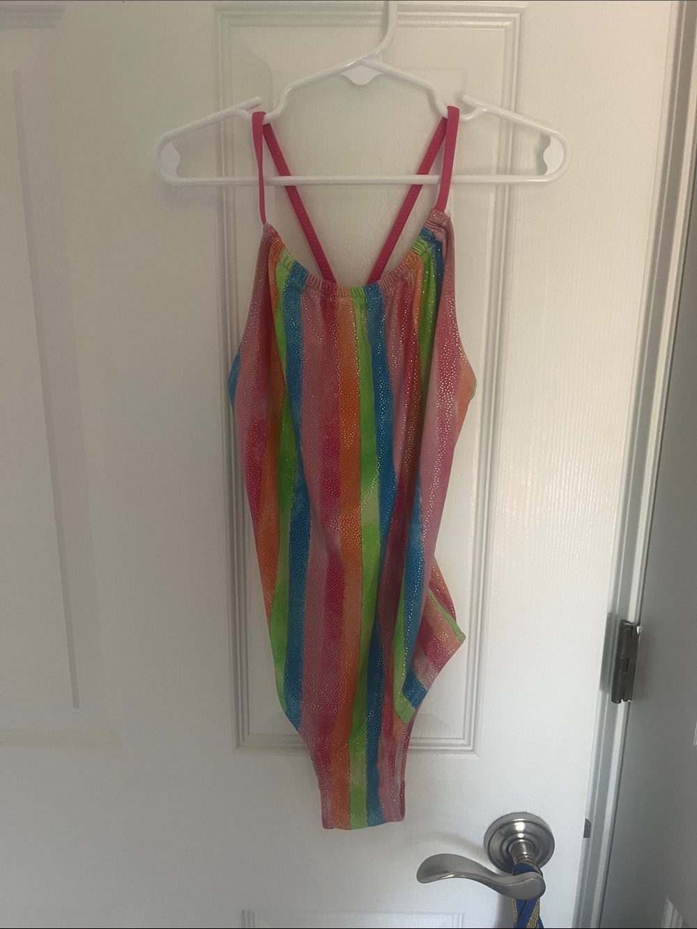 Hatley Rainbow Stripe Kids One-Piece Swimsuit with Pink Straps